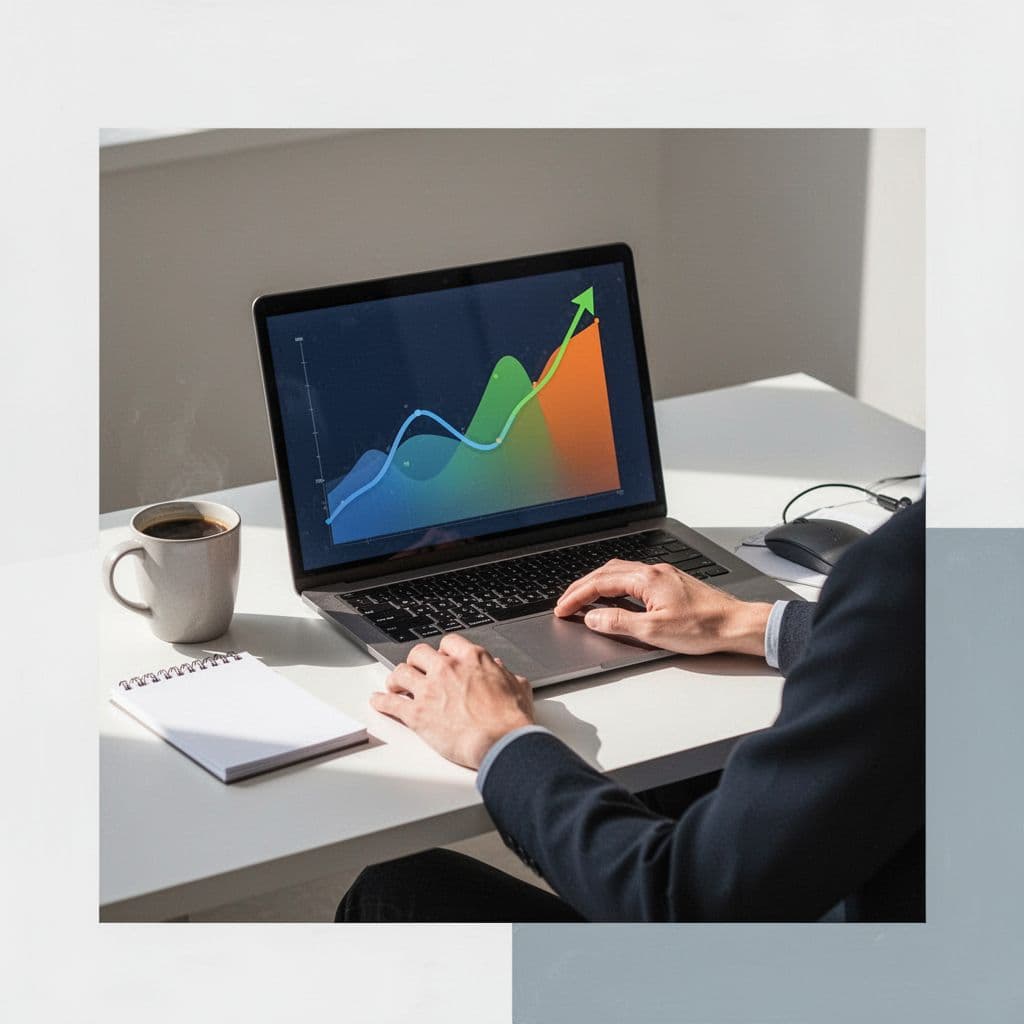 Modern illustration in clean shapes controlled blue green orange palette strong composition matching previous drone segments image style: data analyst at simple desk with laptop showing abstract upward trending graph lines for market growth, coffee mug notepad nearby one relaxed hand resting on mouse other on desk, square orientation, exactly one person two hands visible no screen text or details no extra objects people logos watermarks text.
