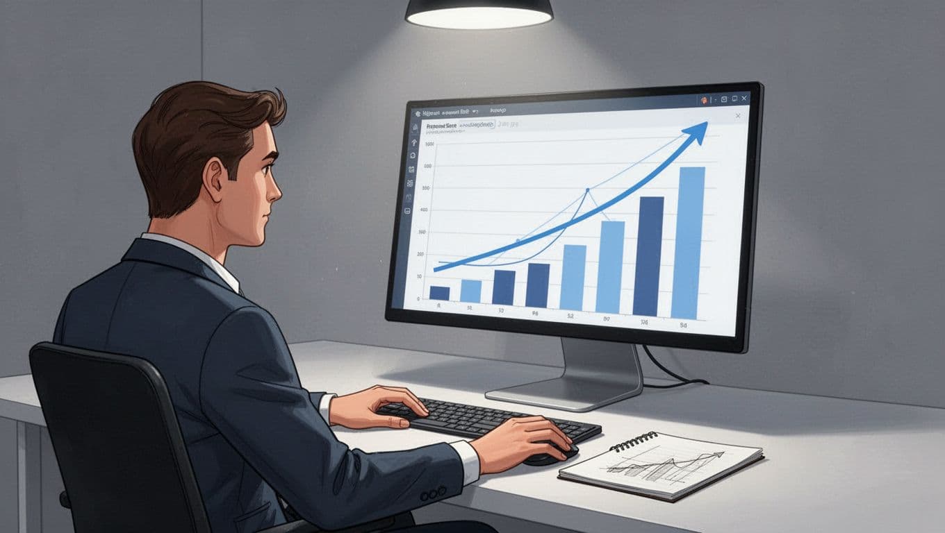 Modern minimalist illustration of a single data analyst in a clean workspace, intently studying a prominent growth chart on a desktop monitor with steep upward curves, bar graphs, and metric highlights, notepad nearby.