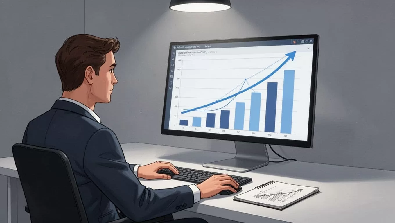 Modern minimalist illustration of a single data analyst in a clean workspace, intently studying a prominent growth chart on a desktop monitor with steep upward curves, bar graphs, and metric highlights, notepad nearby.