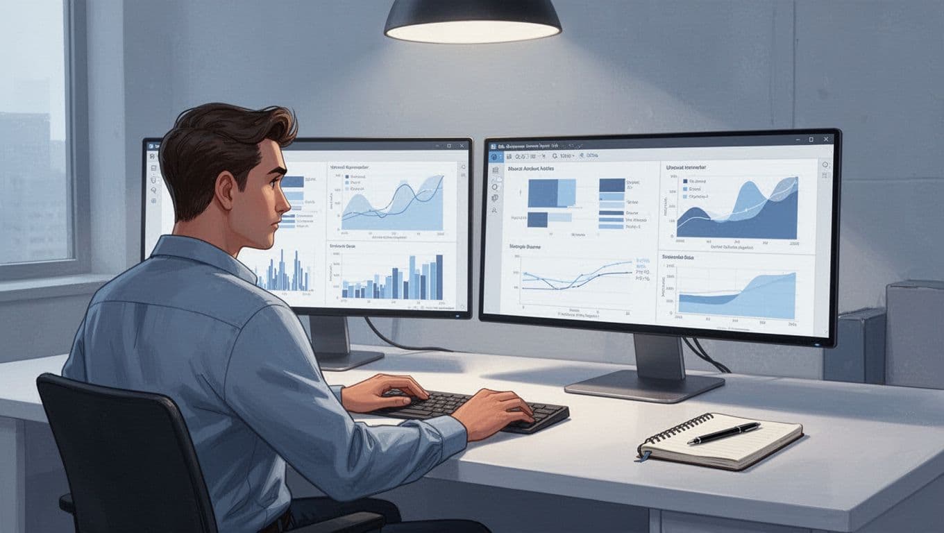 Modern illustration of a focused data analyst examining charts on dual monitors in a contemporary workspace, displaying conversion uplift with statistical significance bars, notebook nearby.