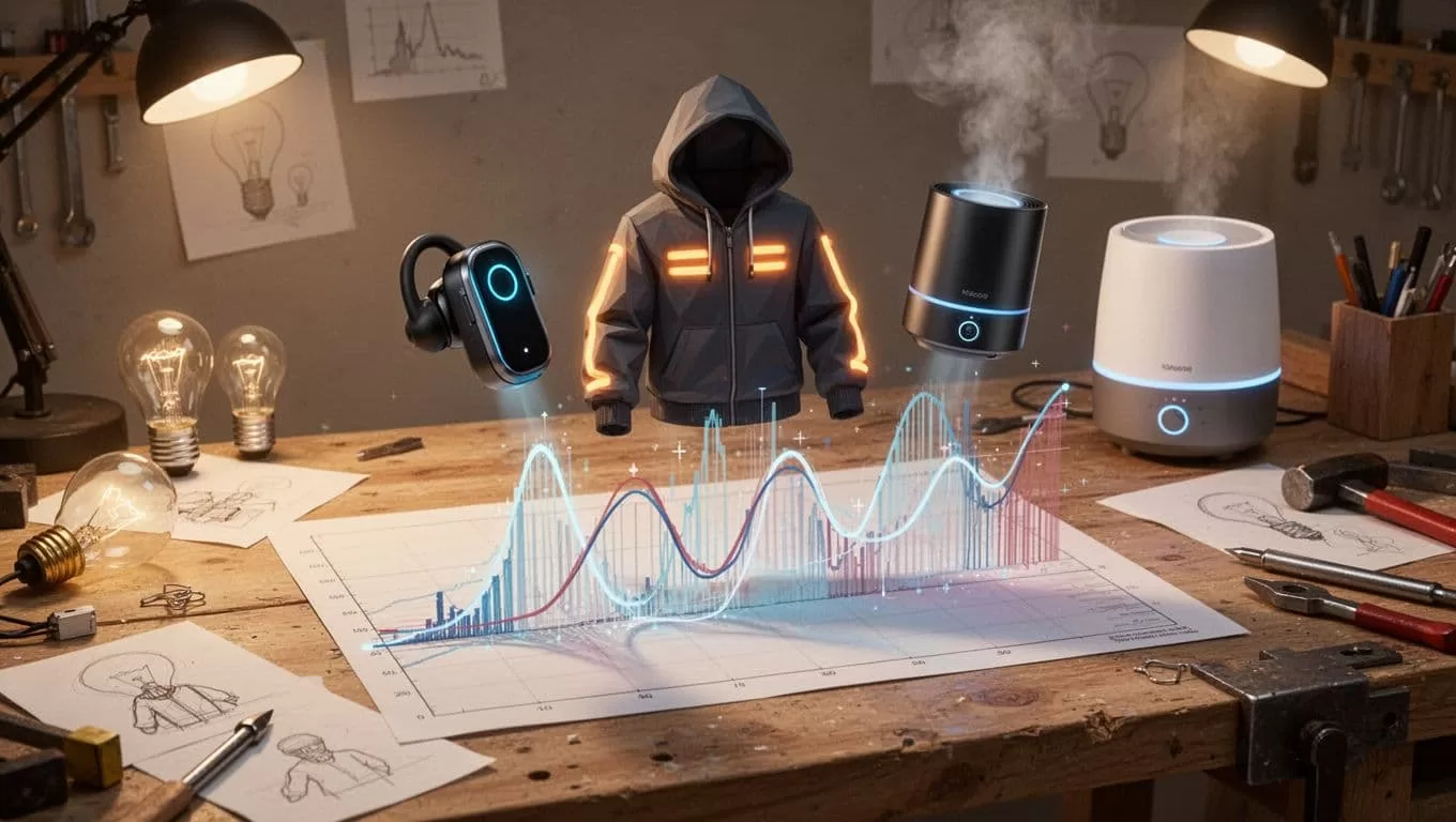 Modern illustration of product concepts like translation earbuds, heated hoodies, and smart humidifiers emerging from data graphs on a workbench in a workshop with tools, lightbulbs, and sketches, using warm lighting and clean shapes.
