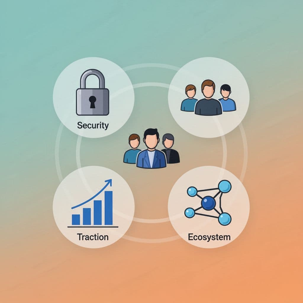 Modern vector illustration of key DeFi evaluation icons: secure padlock for security, abstract team figures, rising traction chart, and interconnected ecosystem nodes in a balanced circular composition on a teal-orange gradient background.