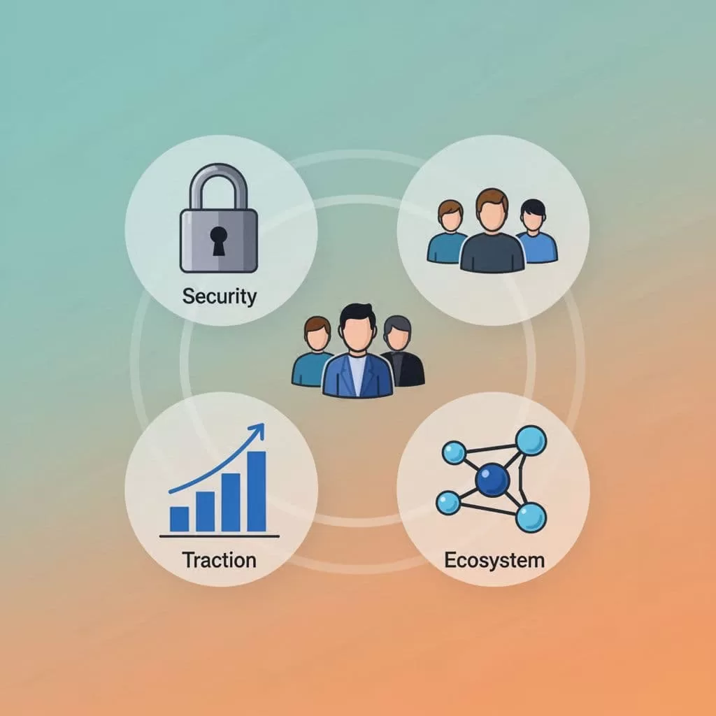 Modern vector illustration of key DeFi evaluation icons: secure padlock for security, abstract team figures, rising traction chart, and interconnected ecosystem nodes in a balanced circular composition on a teal-orange gradient background.