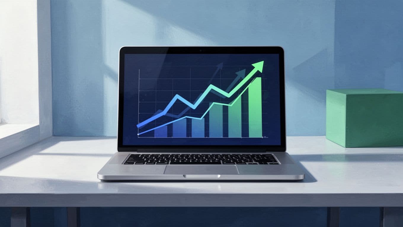 Modern flat illustration of a laptop on a desk displaying upward-trending line graphs for DeFi topics like AI agents and vaults, using clean geometric shapes in blue and green tones.