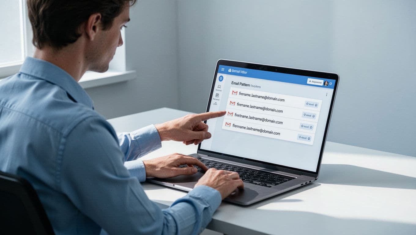 Modern illustration of a person reviewing email pattern verification results on Hunter.io dashboard for a dental practice, featuring a laptop on a desk with a relaxed pointing hand, in a clean blue and white palette.