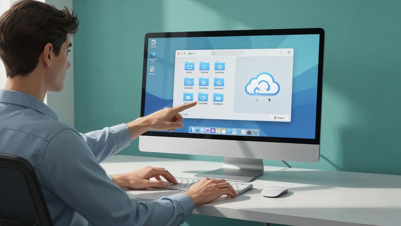 Modern illustration of a desktop folder open with Google Drive sync, displaying files with duplicate icons, and a person pointing at the screen in clean teal and white colors.