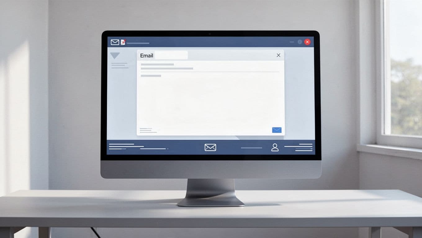 Modern illustration matching previous style with clean shapes, controlled blue-gray palette: desktop computer screen displaying an outgoing email composition window with a custom footer visible at the bottom, subtle disclaimer elements like lines and icons, strong composition focusing on the email body and footer, no people, natural lighting, no logos, no watermarks, no readable text anywhere.