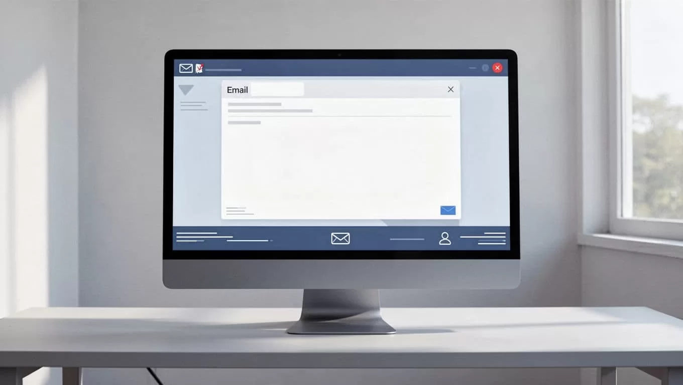 Modern illustration matching previous style with clean shapes, controlled blue-gray palette: desktop computer screen displaying an outgoing email composition window with a custom footer visible at the bottom, subtle disclaimer elements like lines and icons, strong composition focusing on the email body and footer, no people, natural lighting, no logos, no watermarks, no readable text anywhere.