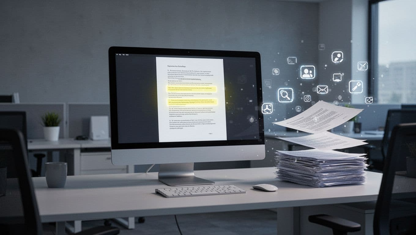 Desktop computer screen showing a scanned PDF document with editable text highlighted, and a stack of papers turning into digital icons. Modern illustration in clean shapes with neutral gray and blue palette, focused on the screen in soft office lighting.
