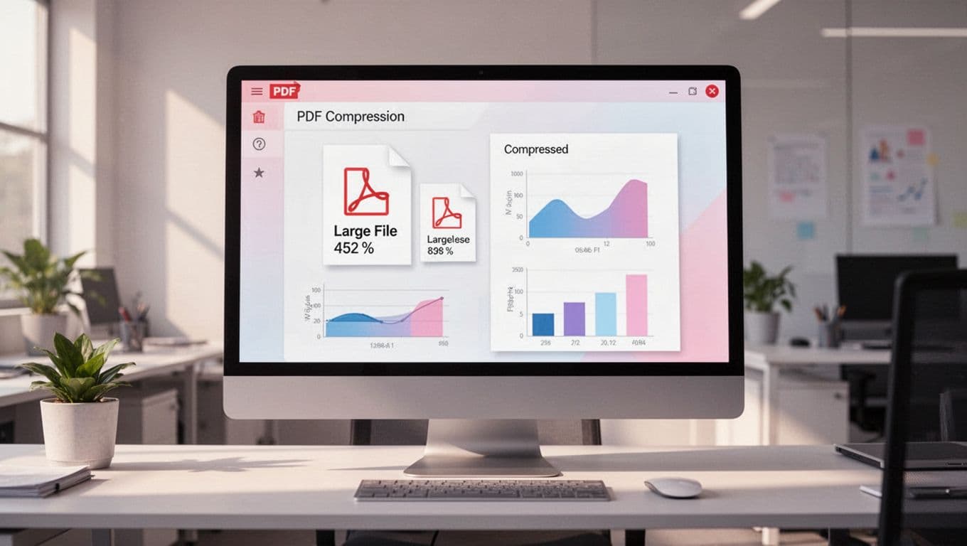Modern illustration of a desktop computer screen showing PDF compression software interface with original large file and compressed version side-by-side, charts displaying size reduction, professional workspace background.