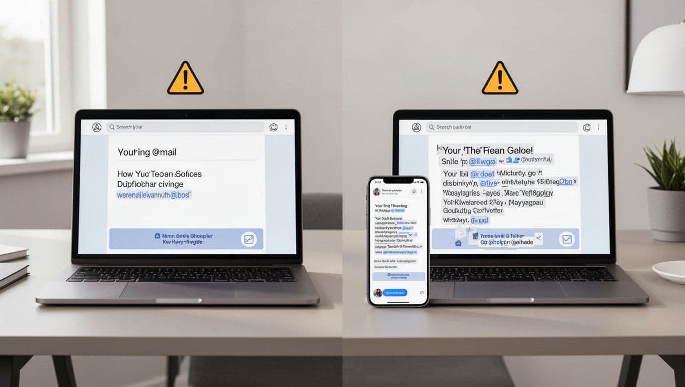 Split scene showing a perfect desktop Gmail signature contrasted with a messy overridden signature on the mobile app, featuring a phone and laptop side by side on a table with caution icons in a modern workspace illustration.