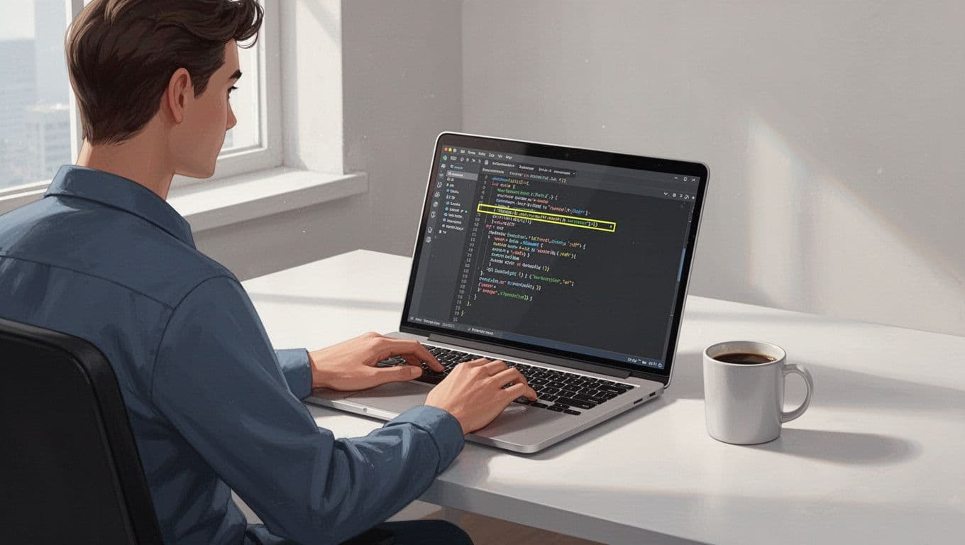 Modern illustration of a developer seated at a clean desk with a laptop open to a code editor displaying an HTML head section with a small script tag inserted near the top, accompanied by a coffee mug and soft natural window light.