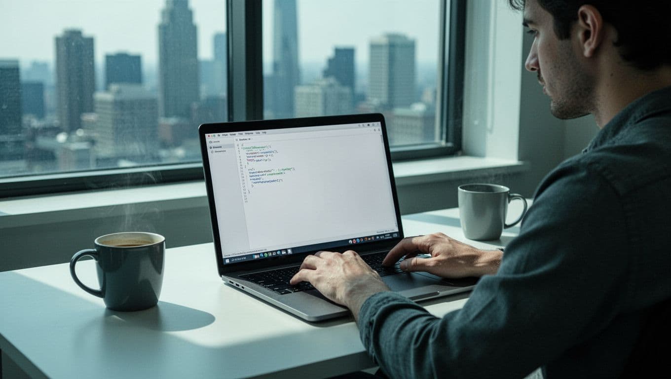 Modern illustration of a developer at a clean desk with laptop open to code editor showing simple TTS API call, coffee mug nearby, city view window in background using blue and green palette.