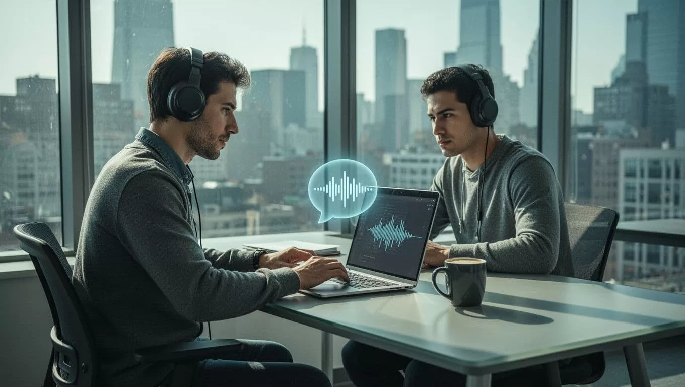 A developer relaxes at a modern desk with a laptop displaying Speechify API integration code, headphones on while listening to generated text-to-speech audio, accompanied by a coffee mug and city view window in a clean blue-green illustration style.