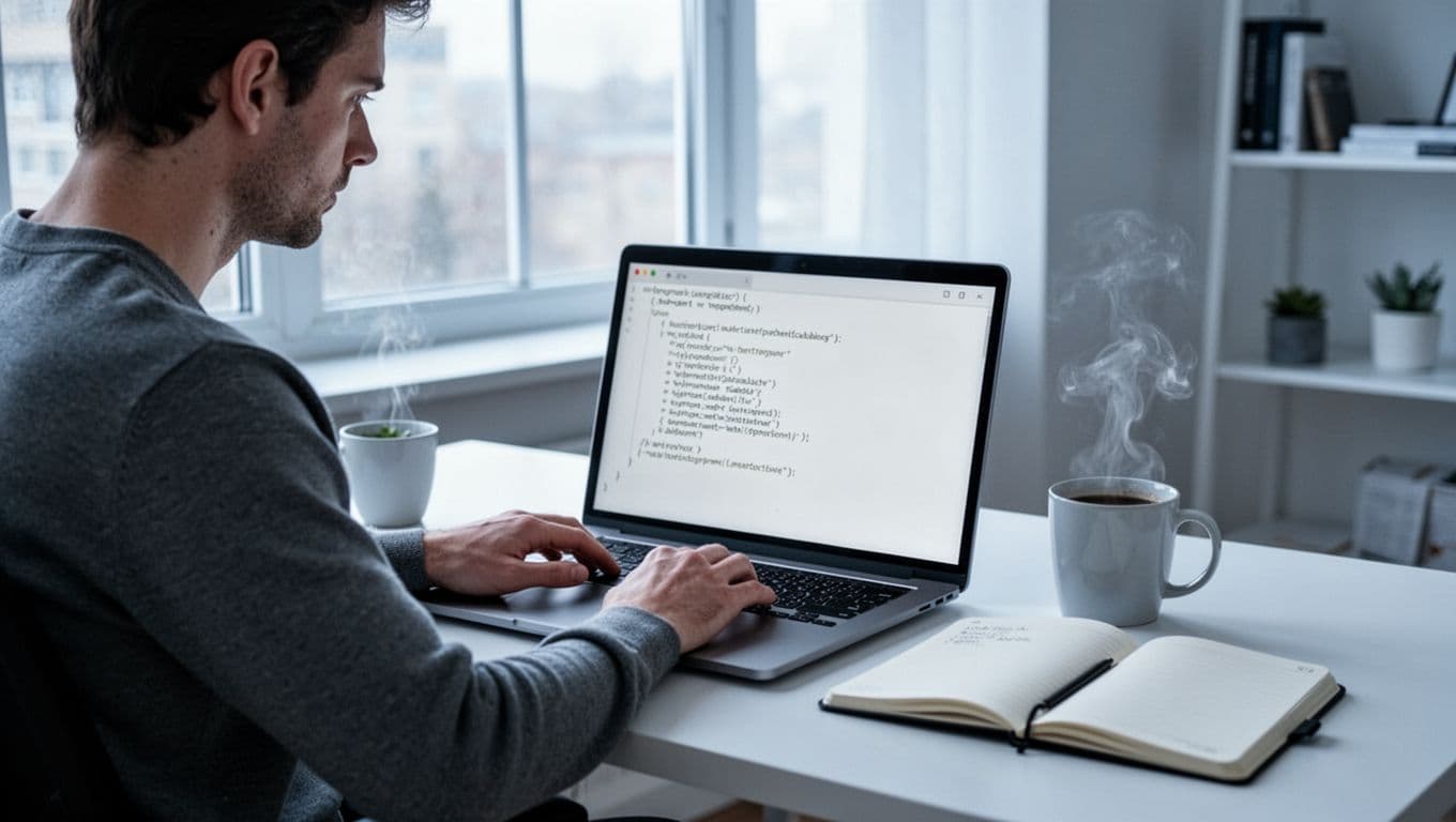 Illustration of a developer at a clean desk typing a cURL command in the terminal for Hunter.io email verification API on a laptop screen at an angle, with coffee cup and notebook nearby in a modern home office.