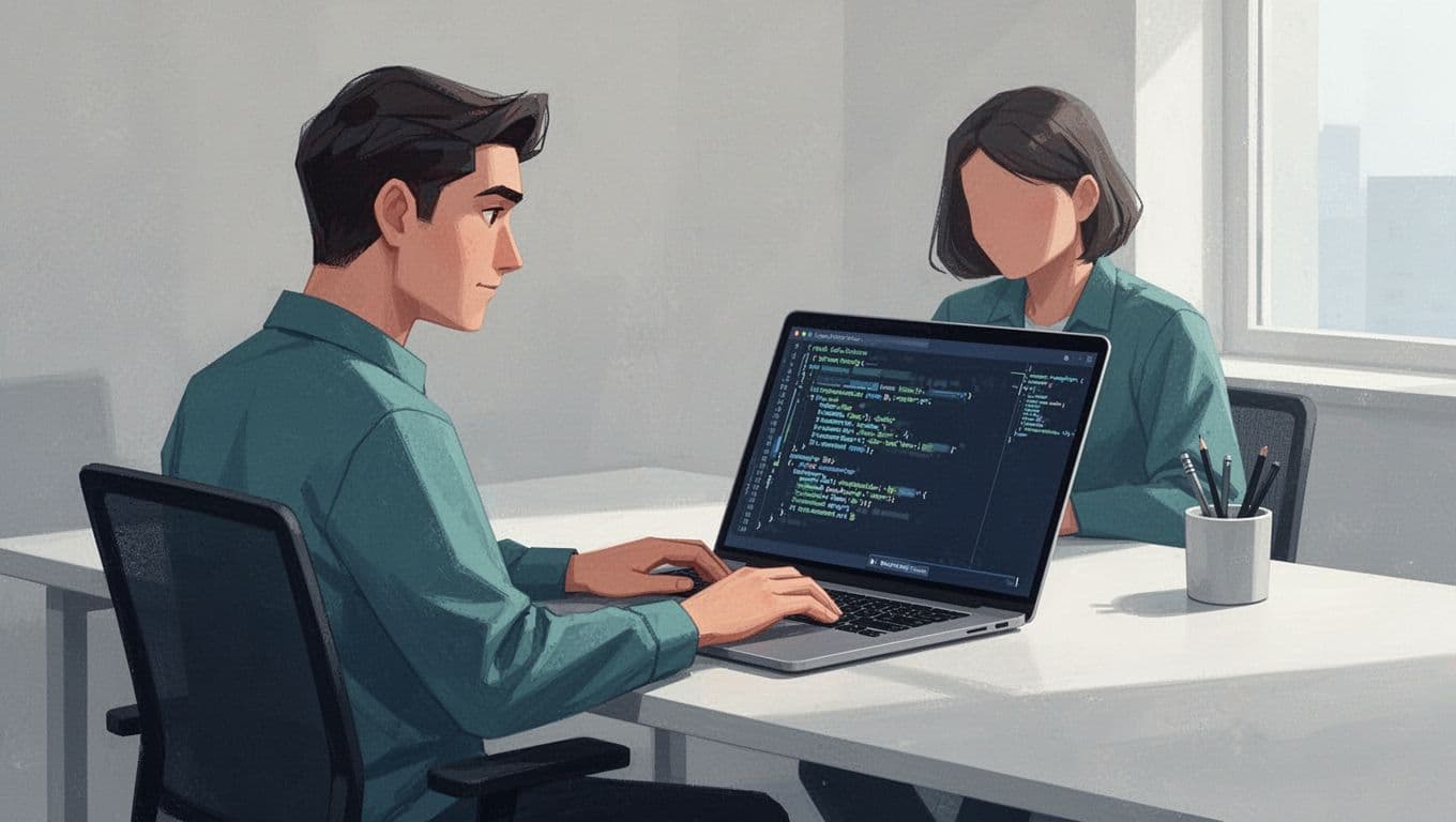 Modern illustration of a focused developer at a desk deploying server-side testing code on a laptop in a clean office with soft lighting and blue-green palette.