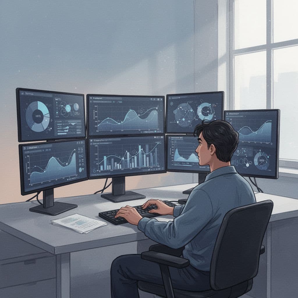 Modern illustration of a relaxed developer in a cozy office, working at a desk with multiple screens displaying game platform interfaces, code snippets, and analytics dashboards under natural lighting.