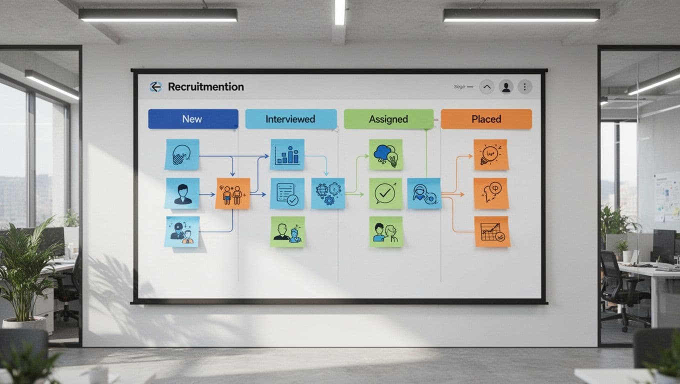 A large screen in a contemporary recruitment office shows a digital kanban board with colorful cards tracking candidates through stages like new, interviewed, assigned, and placed, using abstract icons in a modern illustration style with clean shapes and a blue-green-orange palette.