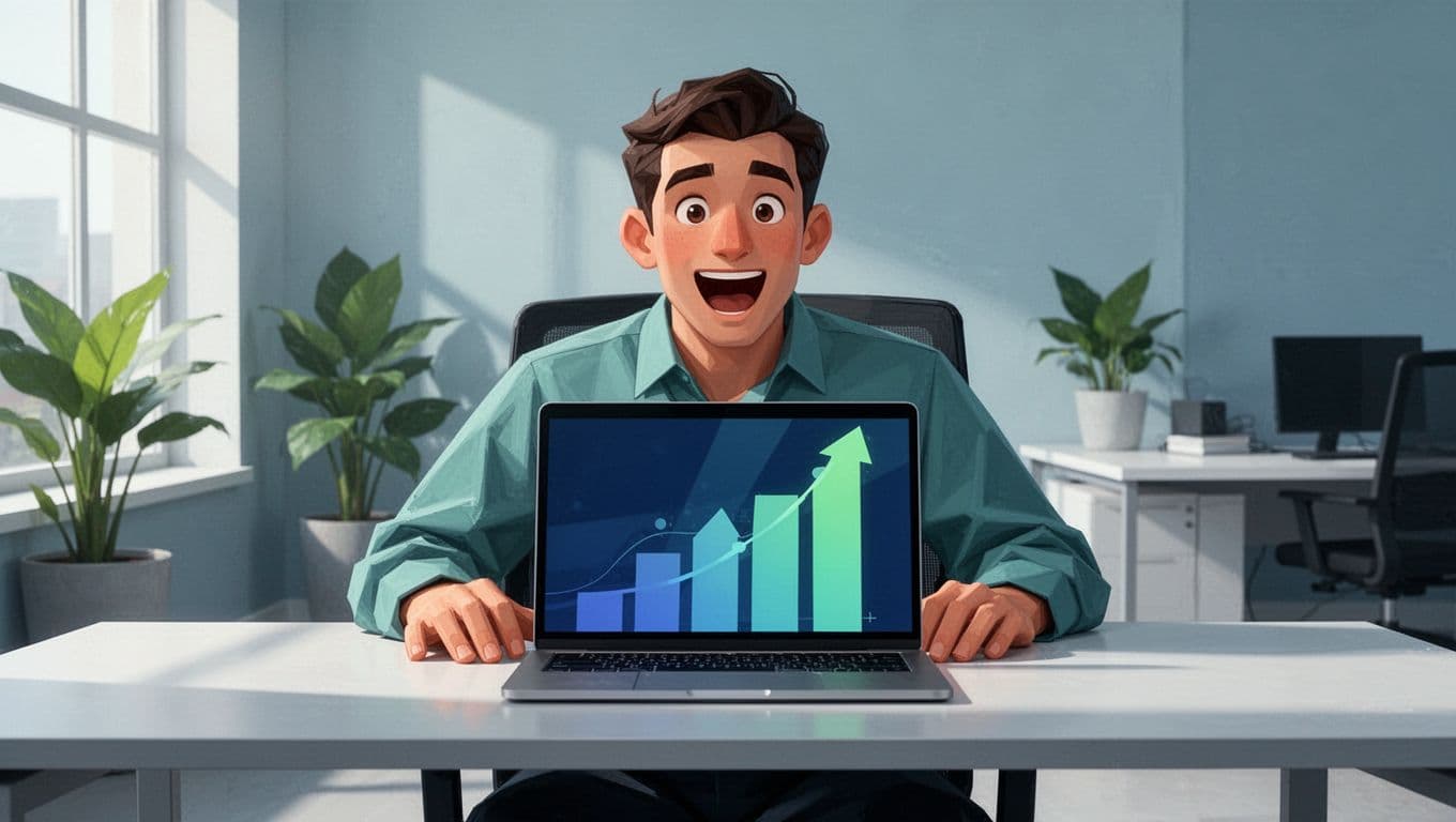 Illustration of a person sitting at a modern desk with a laptop open to the Exploding Topics dashboard, showing abstract rising trend graphs for products like wellness gadgets, in a clean office with plants, focused on the screen and excited expression.