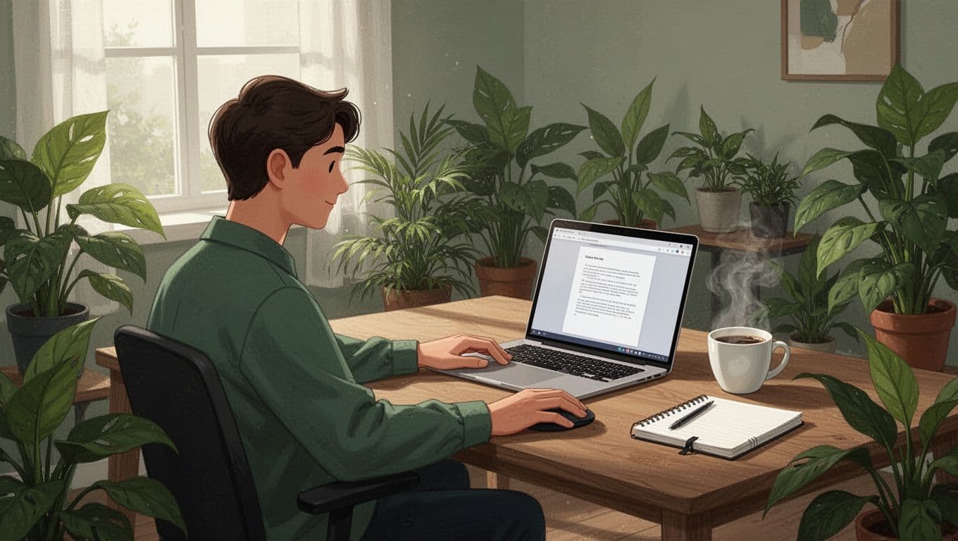 Modern illustration of one person in relaxed focused posture at a wooden desk in a quiet room with green plants and soft natural light, laptop open to a PDF document, steaming coffee, and notebook nearby.