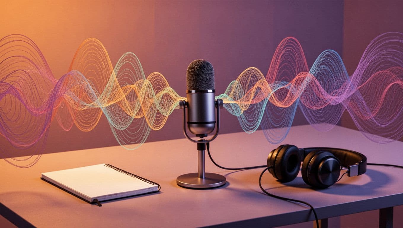 Modern illustration of diverse AI voices as colorful abstract sound waves emanating from a podcast microphone on a table with notebook and headphones, in warm orange and purple palette.