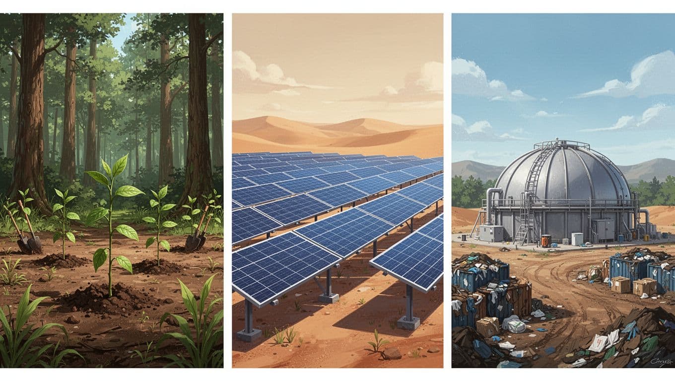 Modern split-grid illustration of carbon offset projects including forest tree planting, desert solar panels, and landfill methane capture, in earthy tones with green accents and clean shapes.