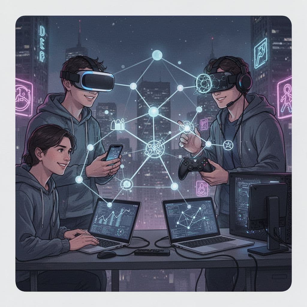 Modern illustration featuring diverse gamers on VR headset, mobile, console, and PC—exactly five devices with two visible hands—connected as network nodes symbolizing ecosystem growth, set against a nighttime cityscape with soft neon glows in blues and purples.