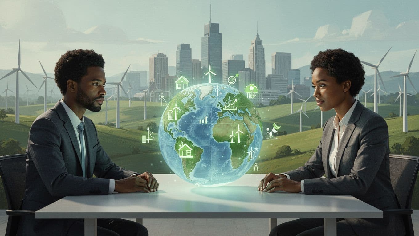 Modern illustration of three diverse investors with relaxed hands on a table around a glowing globe with green energy icons, renewable farms, and clean cities in the background using a clean green-blue palette.