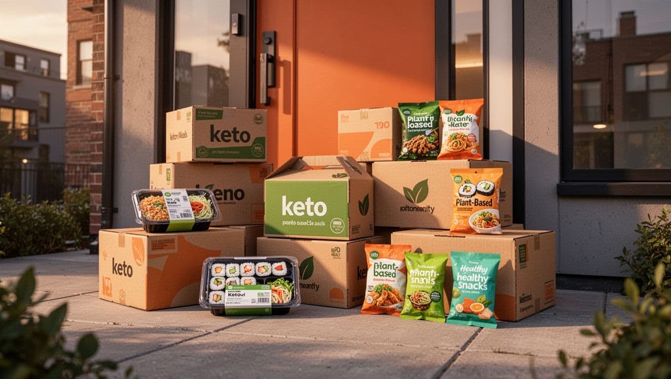 Modern illustration of stacked food delivery boxes with niche labels for keto meals, plant-based sushi, and healthy snacks arriving at an urban apartment doorstep in warm evening light.