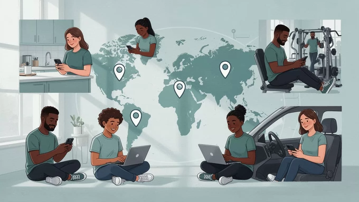 Five diverse people use phones and laptops in kitchens, gyms, and cars against a world map with location pins.