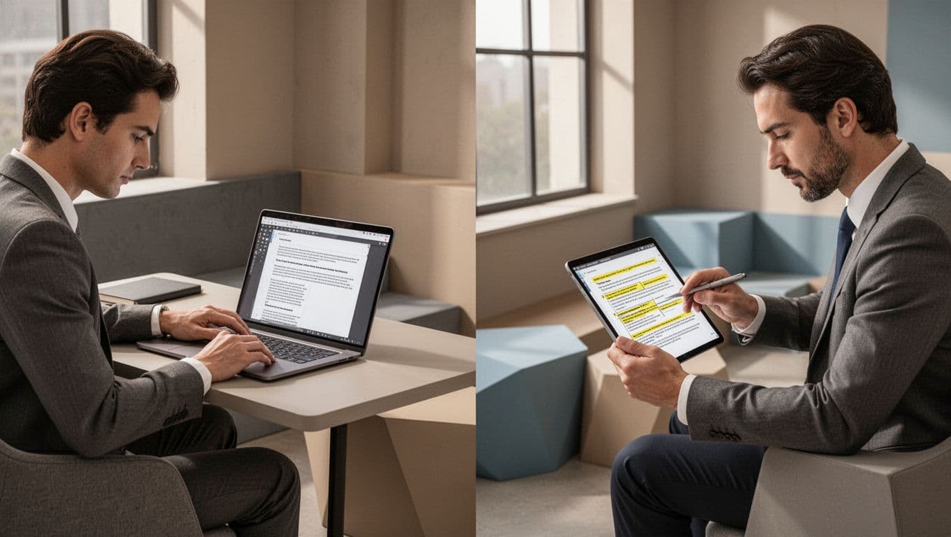 Profile views of three diverse professionals: researcher annotating PDF on laptop, executive speed-reading on phone during commute, manager reviewing highlights on tablet in meeting. Varied modern settings, neutral palette, sequential composition.