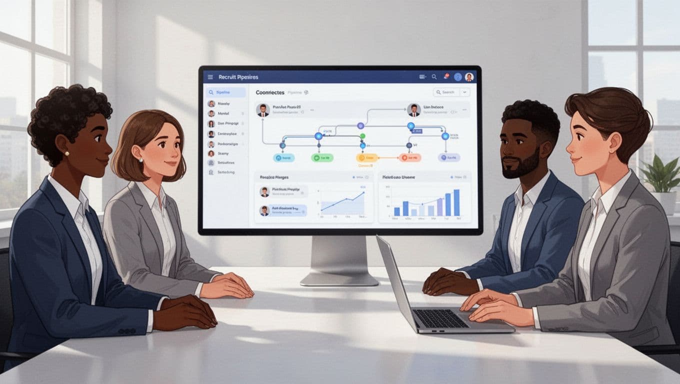 Three diverse recruiters in a bright office collaboratively view a large Recruit CRM dashboard showing candidate pipelines and analytics, with modern illustration style, clean shapes, and natural window light.