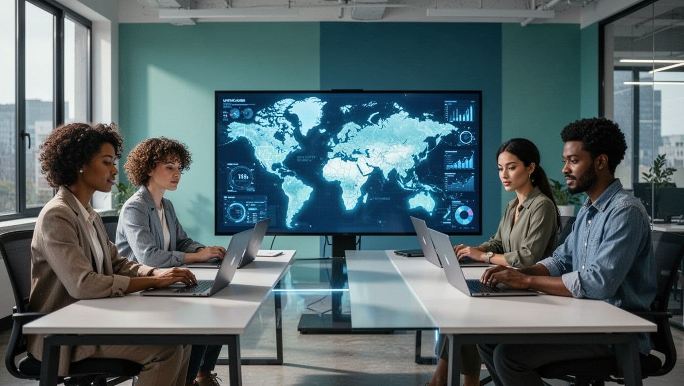 Three diverse recruiters collaborate around a world map dashboard displaying candidate pipelines from various countries in a clean office.