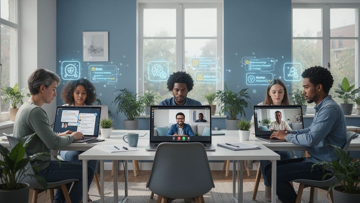 Modern illustration of a diverse remote team in a video meeting on laptops, with AI notes and action items as clean icons above screens in home office settings.