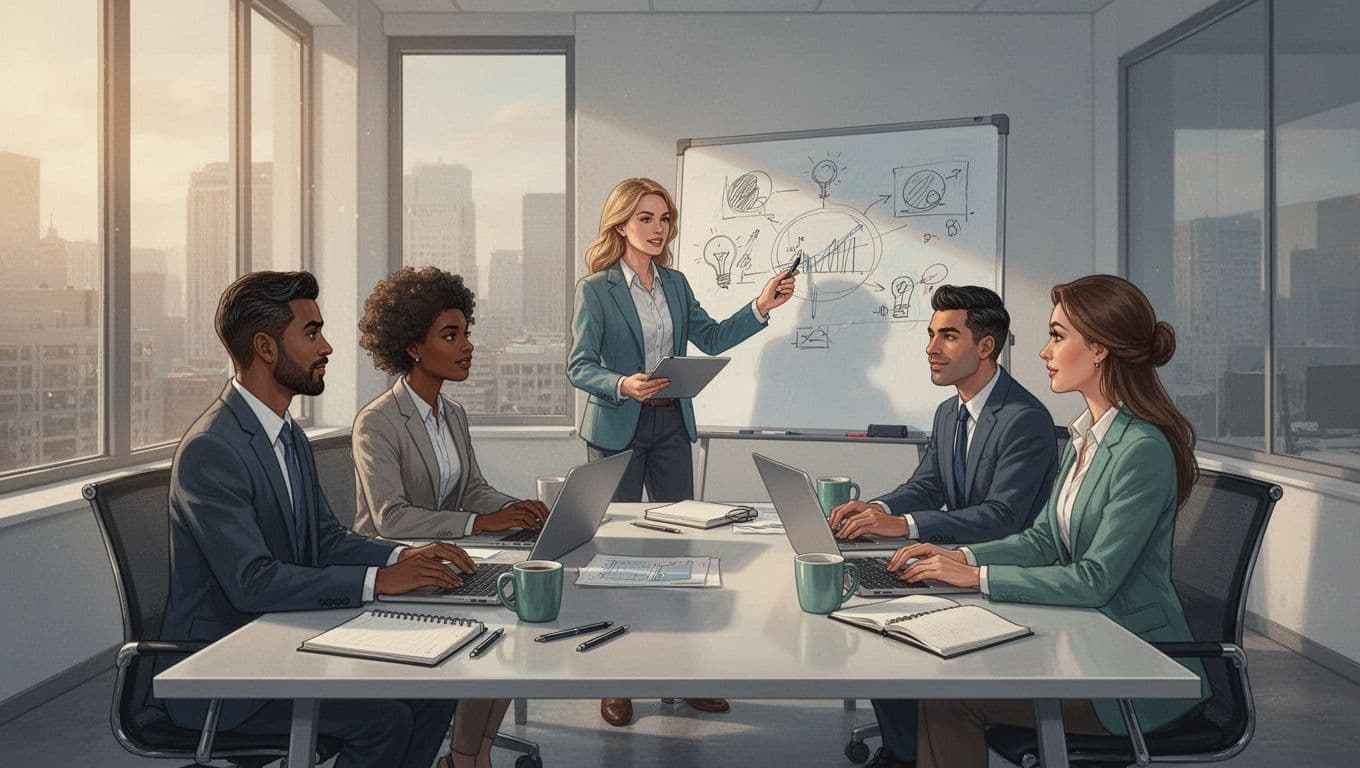 Modern illustration of a diverse four-person team in a contemporary office collaborating on internal company podcast ideas, seated around a table with laptops, notebooks, coffee mugs, and one sketching on a whiteboard.