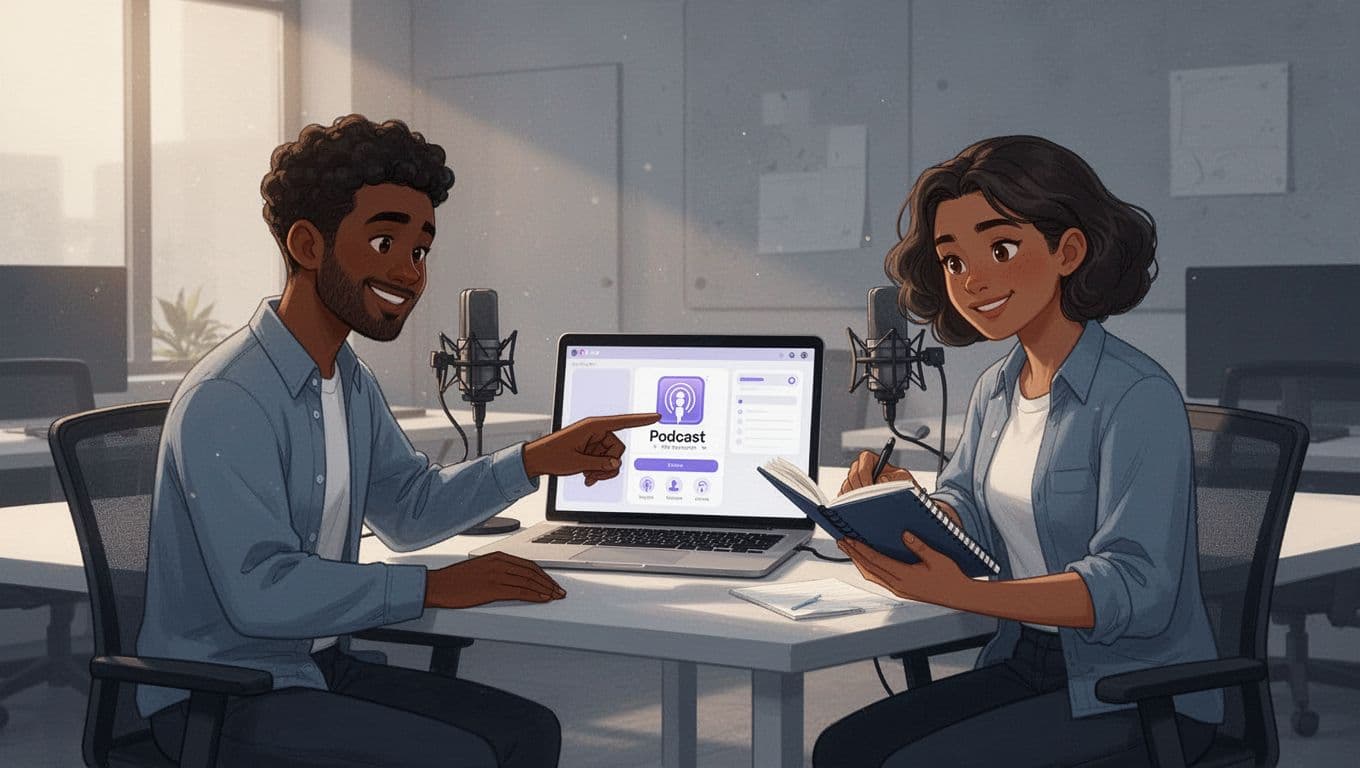 Diverse marketing team of two in modern office; one points at laptop showing podcast interface, other holds notepad.