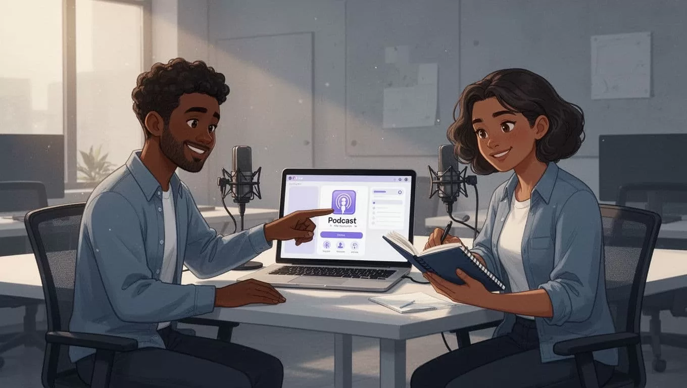 Diverse marketing team of two in modern office; one points at laptop showing podcast interface, other holds notepad.