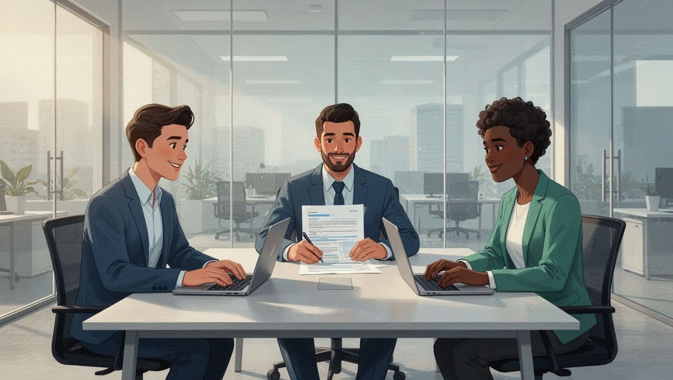 Illustration of three diverse professionals around a conference table in a modern office, using laptops to collaborate on a shared wiki page with SOP outline, headings, and checklists in a clean blue-green palette.