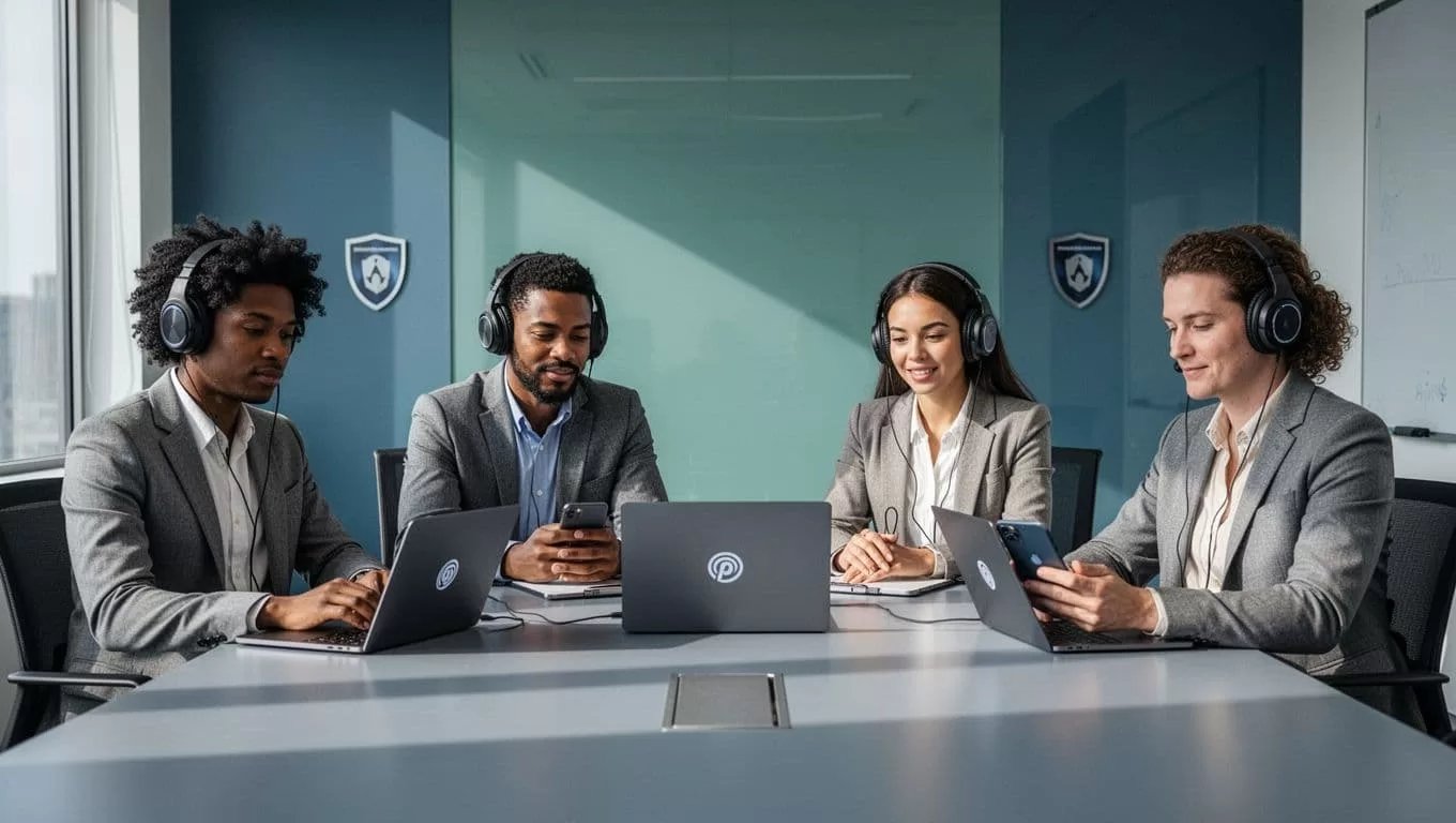 Four diverse professionals in conference room listen to podcast on two laptops, phone, and tablet with headphones and lock icons.