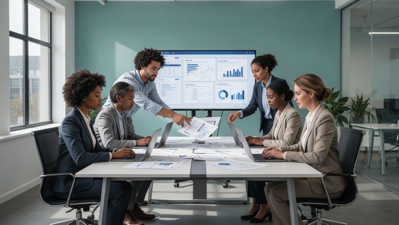 Modern illustration of a diverse four-person team in an office setting, reviewing documents on a shared screen and laptops with one person pointing and focused expressions. Clean shapes, blue and green palette, central table composition, and natural lighting.