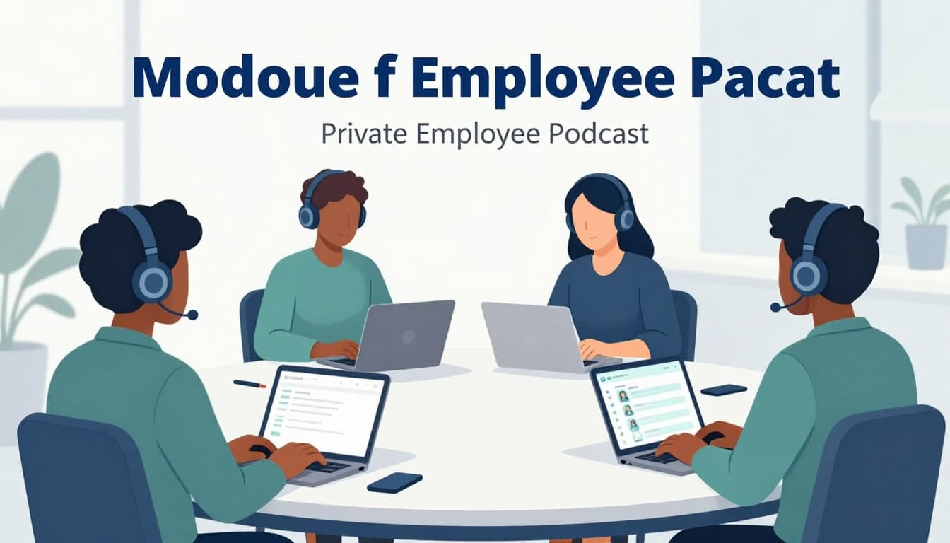 Modern illustration of a diverse team of four employees in a contemporary office listening to a private podcast via headphones, phones, and a laptop during a relaxed break. Features clean shapes, blue-green palette, strong composition, and natural lighting with no text or extras.