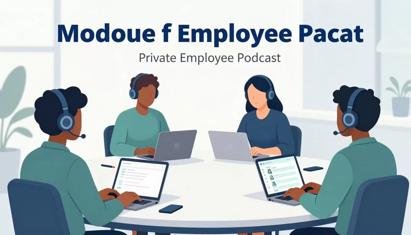 Modern illustration of a diverse team of four employees in a contemporary office listening to a private podcast via headphones, phones, and a laptop during a relaxed break. Features clean shapes, blue-green palette, strong composition, and natural lighting with no text or extras.