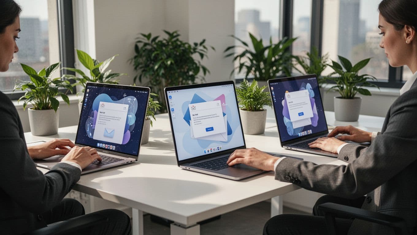 Three diverse team members at desks in a modern office check emails on laptops displaying distinct signatures for sales, marketing, and support roles, in a clean illustration style with soft lighting.