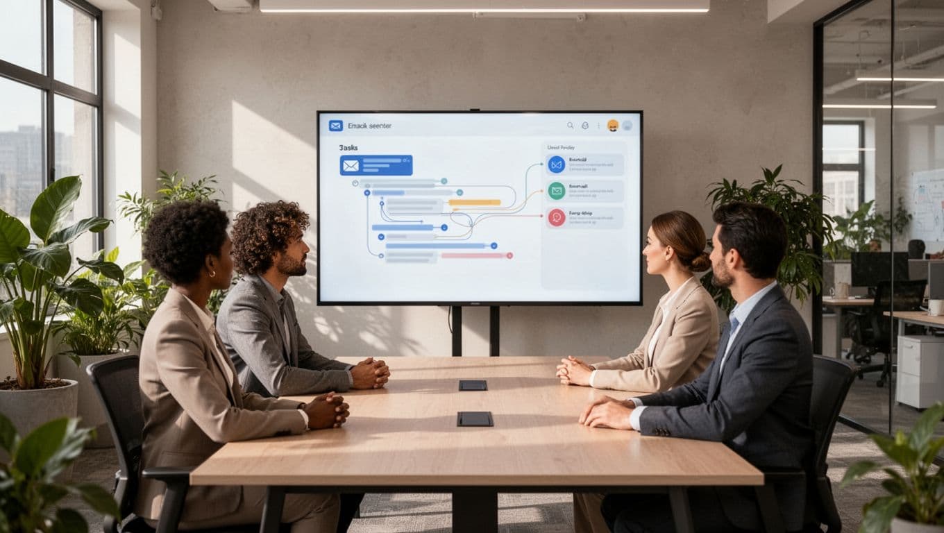 Illustration of three diverse team members around a conference table viewing a shared email inbox on a large monitor in a modern open office with plants and soft daylight.