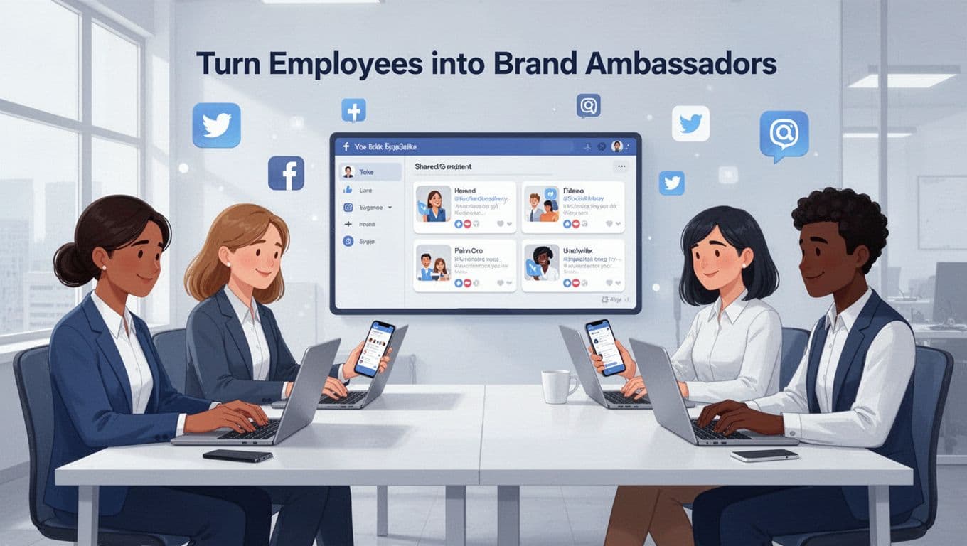 Modern illustration of a diverse team of five professionals in a contemporary office, relaxedly using laptops and phones to share branded social media posts from a shared content library, with subtle floating social media icons and a clean blues-and-whites palette.