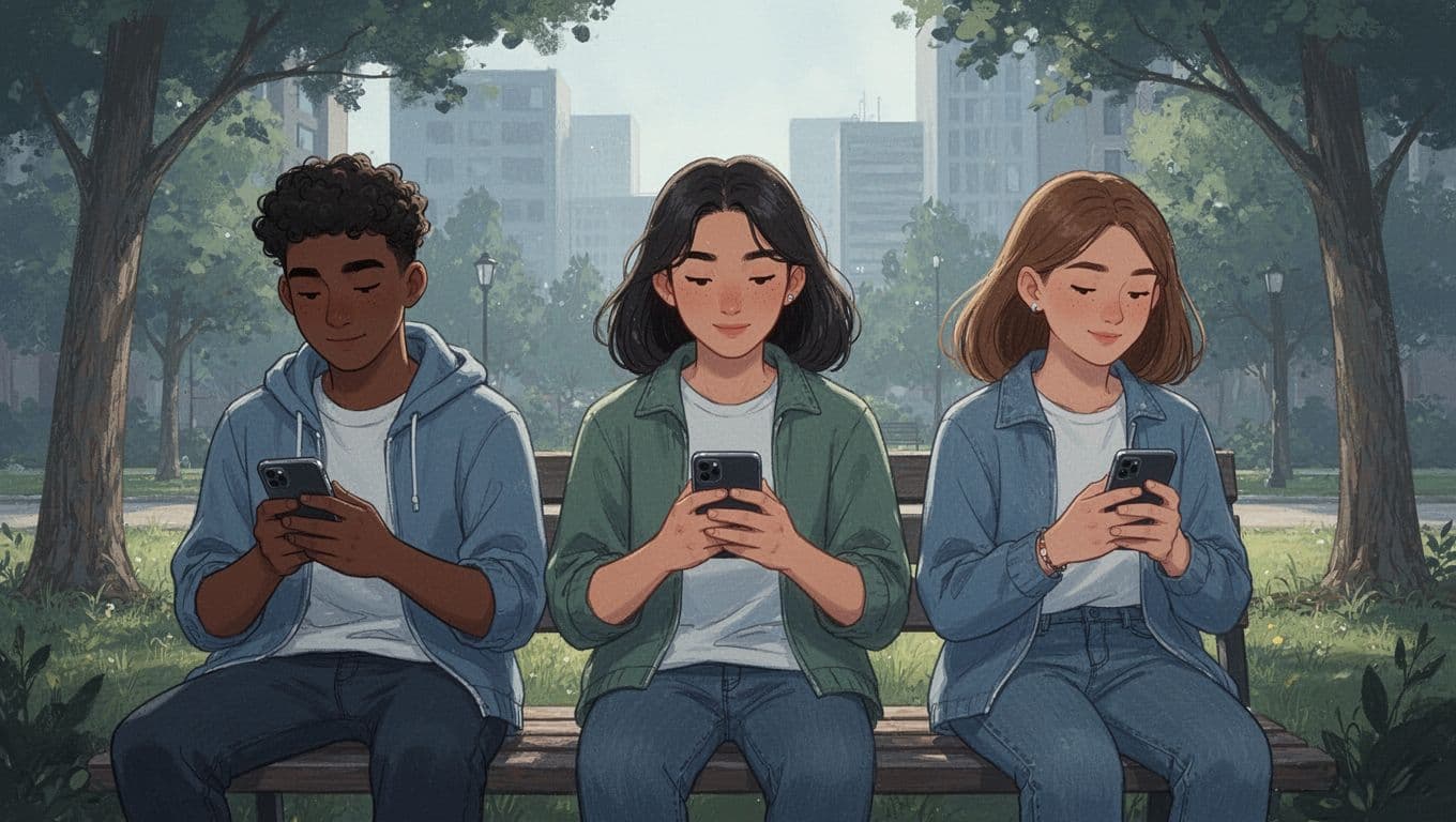 Modern illustration featuring three diverse young adults in relaxed poses, checking phones with micro-investing apps in a casual urban park under soft natural daylight, using clean shapes and blue-green tones.