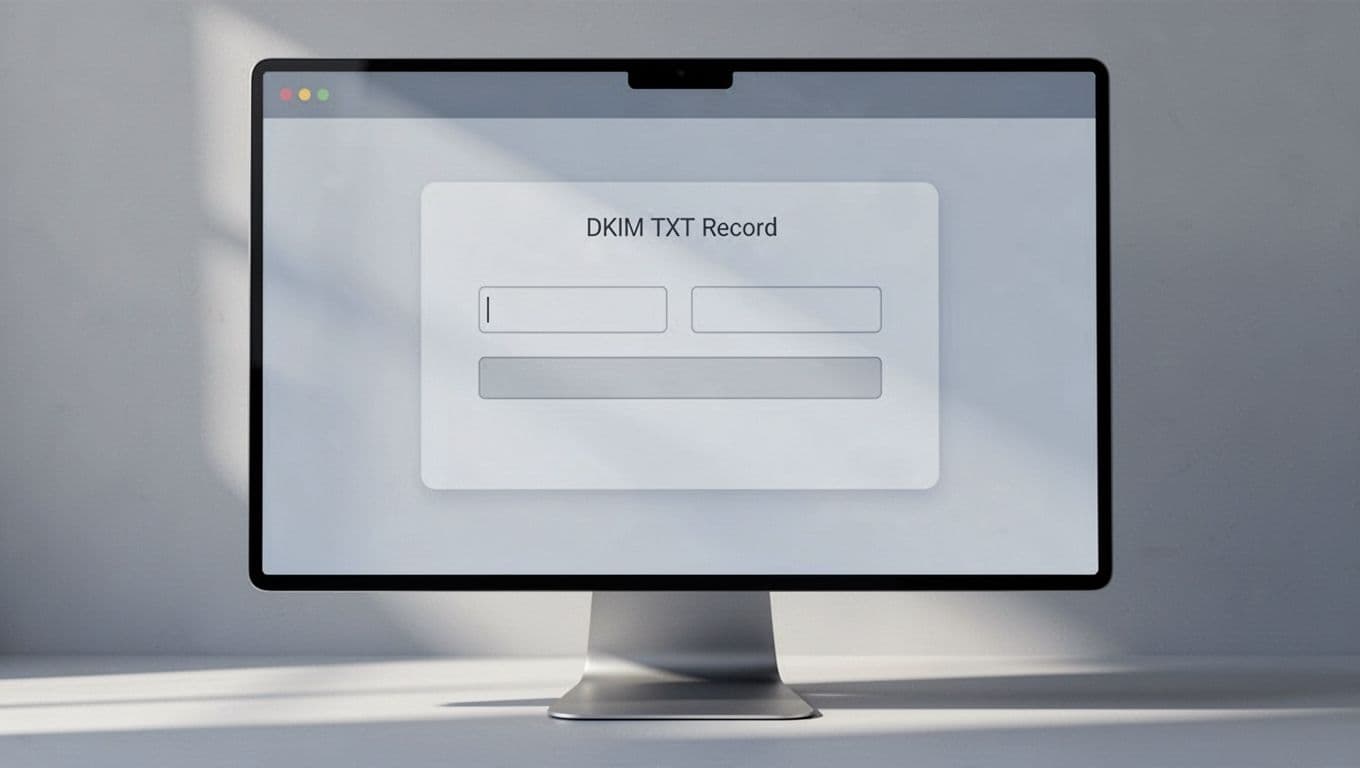 Modern illustration of a DNS management panel on a computer screen, showing fields to add a TXT record for host 'google._domainkey' with a placeholder value string. Clean design in neutral grays and blues, focused on the add record form with no people or readable text.