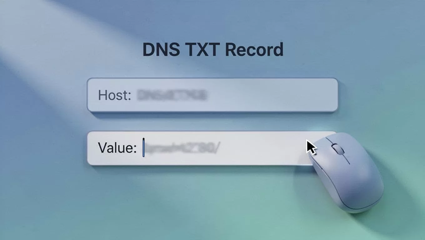 Close-up of form fields for adding DNS TXT record: host '@', value 'v=spf1' with blinking cursor, mouse nearby.