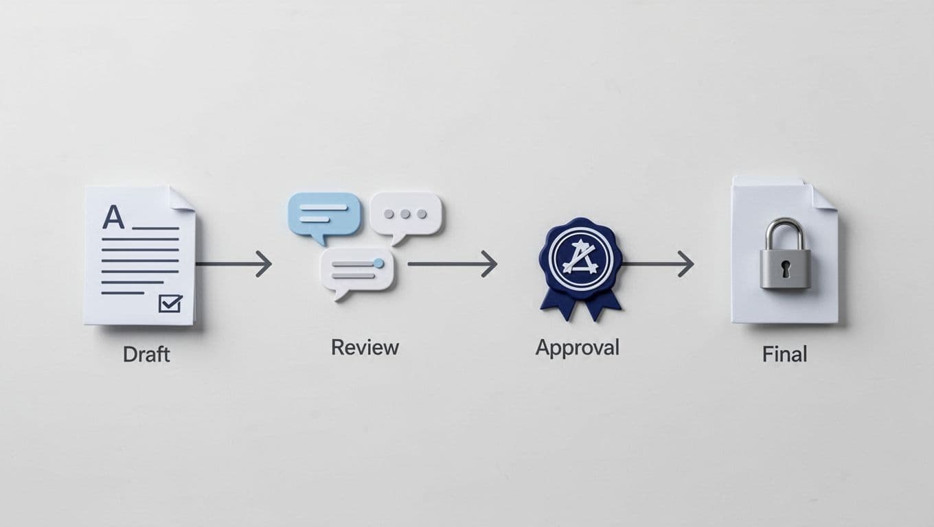 Modern illustration of a simple document approval workflow diagram showing draft document to review with comments, approval stamp, and final locked file on a light background with clean shapes in blues, grays, and whites.