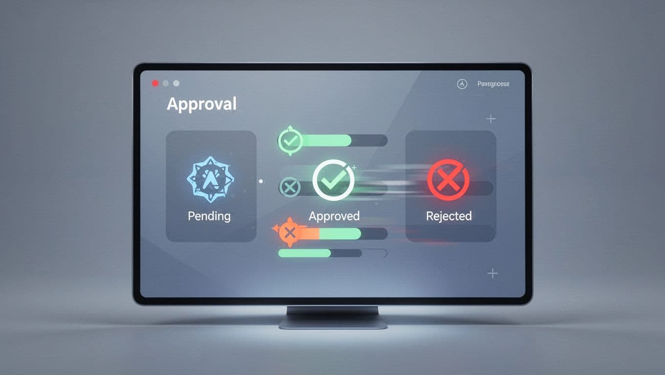 Modern illustration of a dashboard for a document workflow tool, showing pending, approved, and rejected approval statuses with icons, progress bars, and notifications. Screen angled with blurred details in a clean blue-gray palette, focused on UI elements.